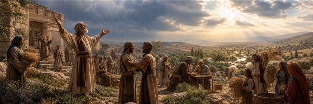 An elder praises as neighbors embrace, rain refreshes fields, and harvesters gather beneath clearing clouds