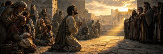 A humble man kneels in a courtyard between grieving families, stern rulers, and a sunlit sanctuary path