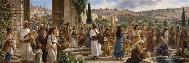 Families from many lands gather with musicians and dancers inside Jerusalem's open gates