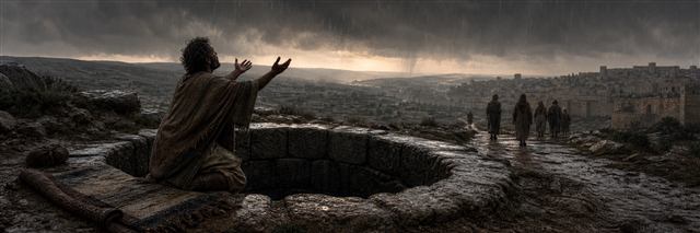A solitary man prays beside a dark stone cistern in heavy rain while companions walk toward Jerusalem