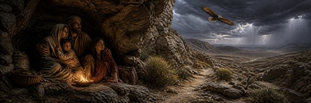 A family rests safely in a rocky shelter as an eagle circles above distant lightning, lion, and serpent