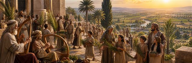 Elders play harps as families carry palm branches through fertile sanctuary gardens at sunrise