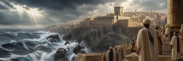 Immense storm waves crash below a steadfast Jerusalem sanctuary as priests watch from high rock