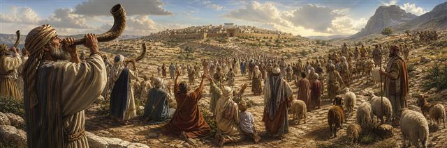 Worshipers with ram's horns, shepherds, and flocks cross rocky hills toward Jerusalem in joyful procession