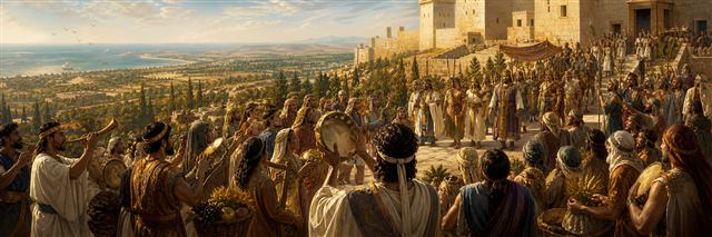 Musicians and visitors from many nations celebrate near Jerusalem with offerings beneath a bright coastal horizon