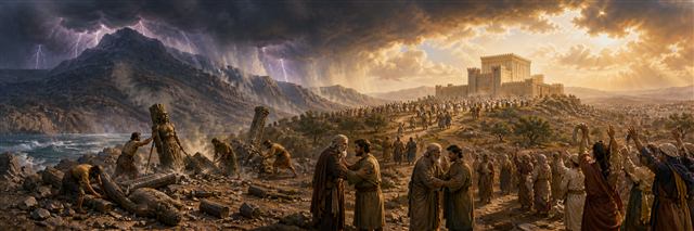 People dismantle fallen statues beneath lightning mountains while worshipers gather toward a sunlit sanctuary