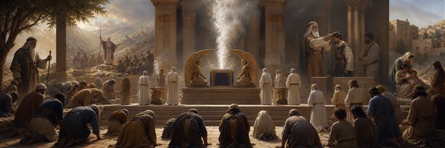 Priests and families bow before the veiled ark between cherubim as incense rises in the sanctuary