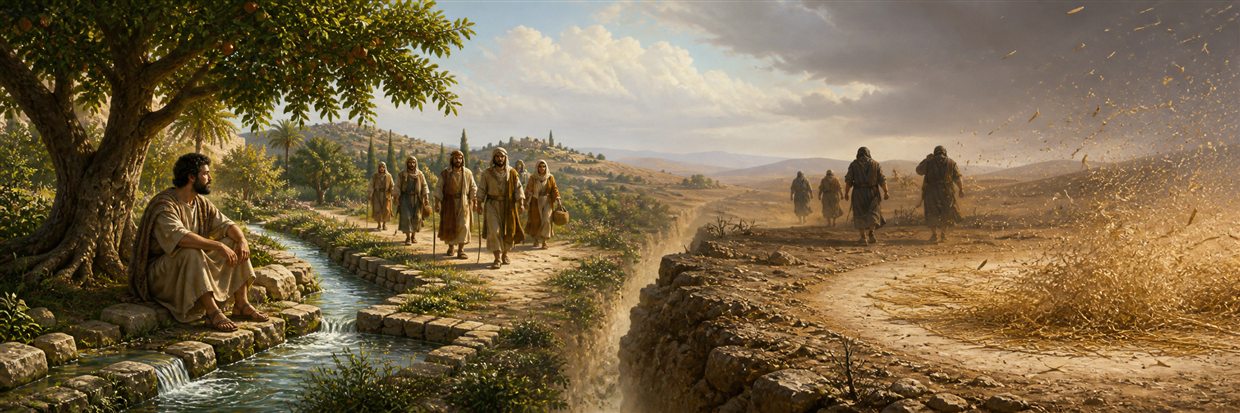 A faithful traveler rests beneath a fruitful tree while chaff scatters across a barren path