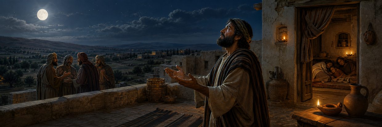A man prays at night while a family sleeps peacefully inside a lamplit home