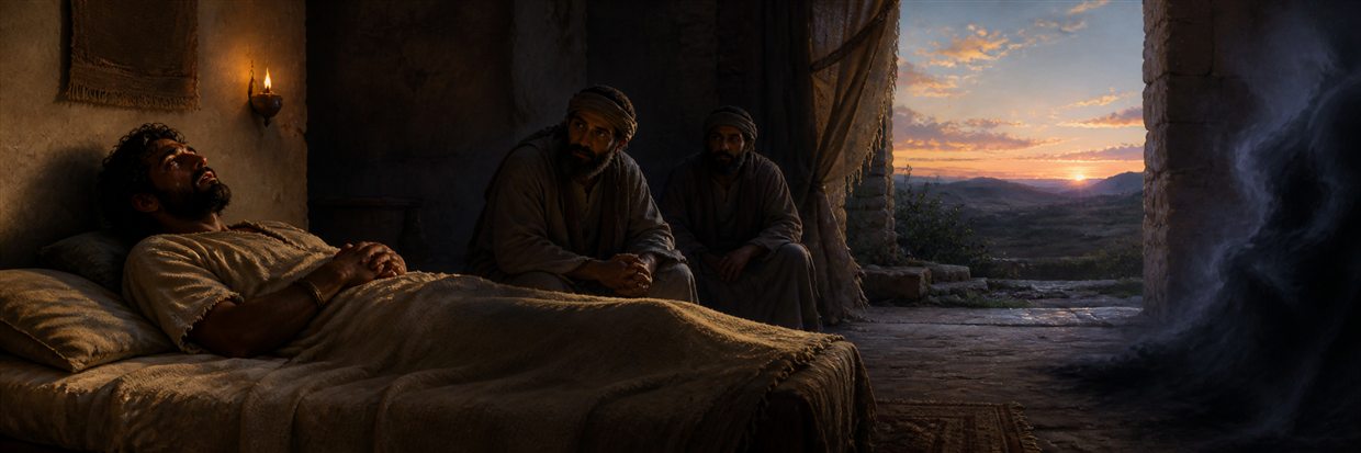 A sick man prays from bed while companions wait and sunrise enters the room