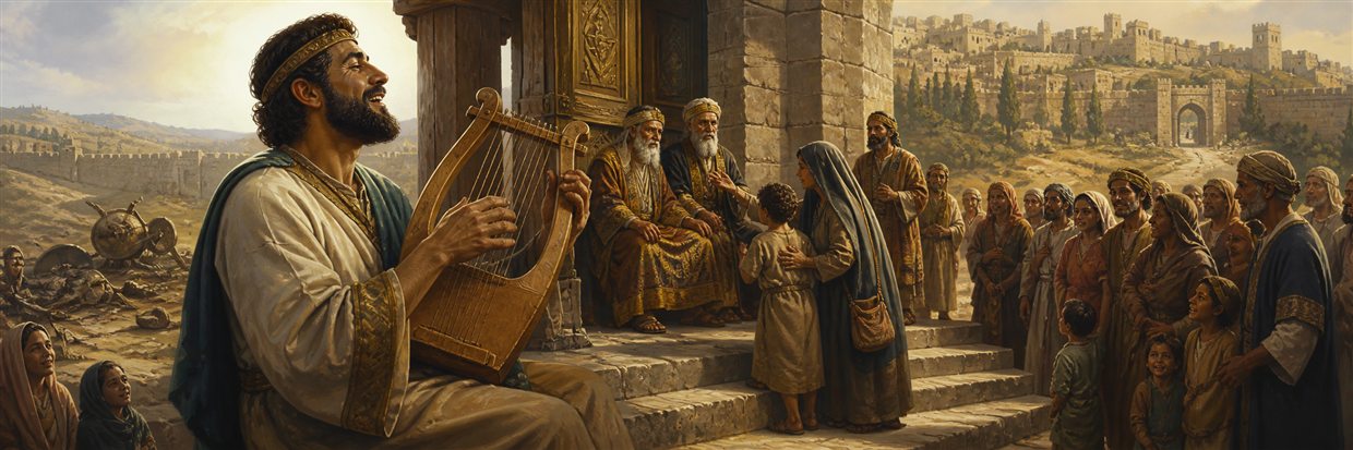 A musician praises while elders hear a widow and child at Jerusalem's gate