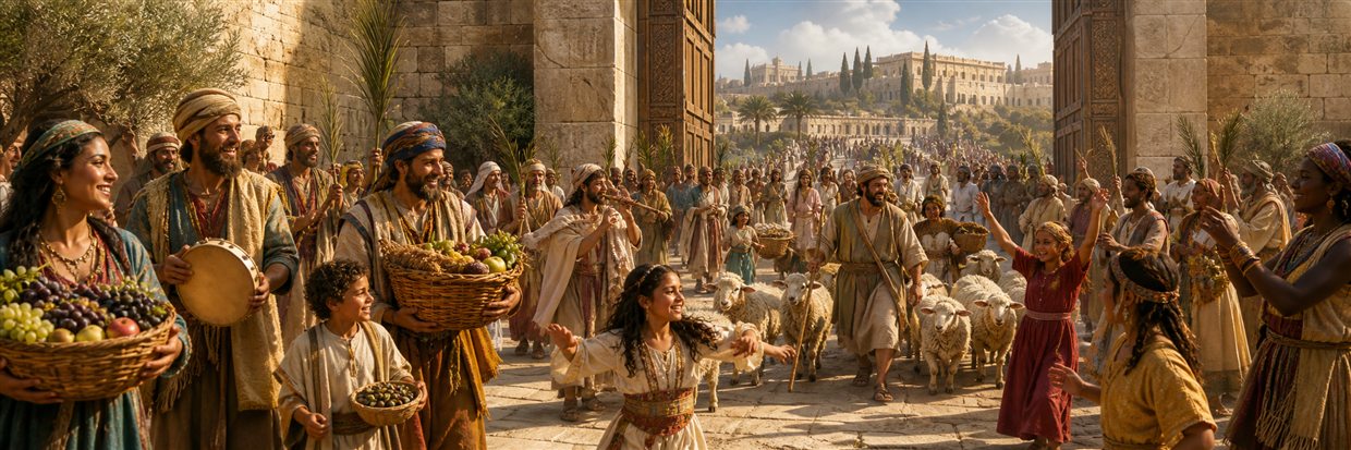 Joyful families, musicians, shepherds, and harvest bearers enter Jerusalem's open gates together