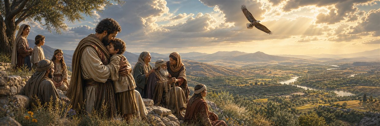 A father embraces a child as elders receive care and an eagle rises above a fertile valley