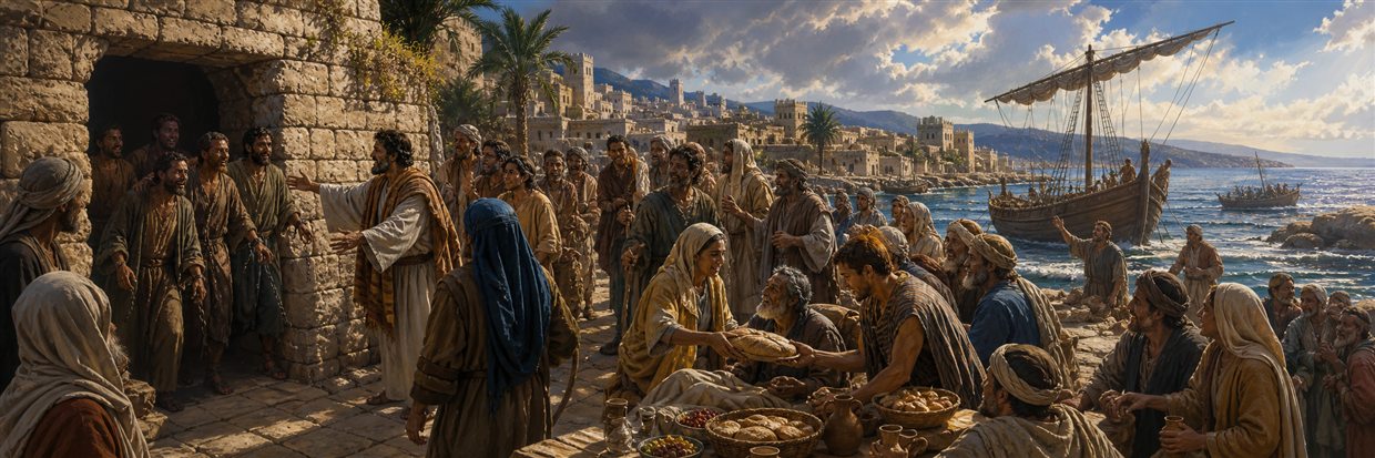 Desert travelers, freed prisoners, recovered people, and sailors gather for a grateful harbor feast