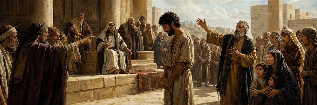 A weary man faces pointing accusers while an elder defends him and his family watches anxiously