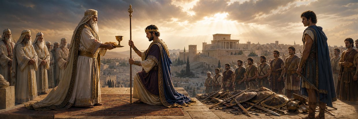 A priest offers bread and a cup to a kneeling king beside gathered volunteers and abandoned weapons