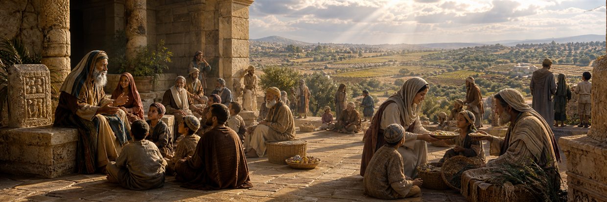 An elder teaches children in a sanctuary courtyard as families distribute food across fertile fields