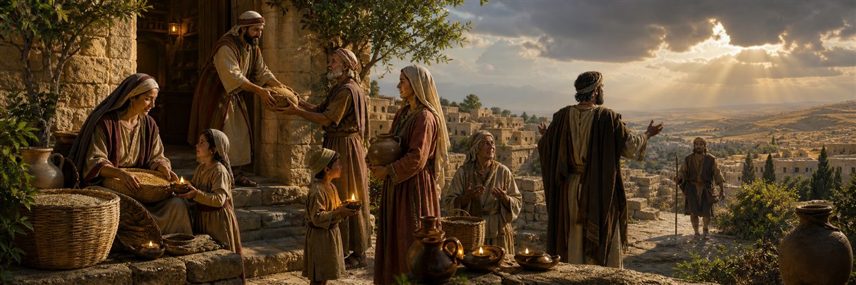 A family distributes grain and lamps to neighbors while a messenger approaches beneath storm clouds
