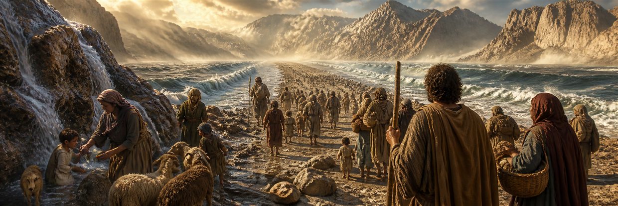 Families cross between receding waters as mountains rise and fresh water pours from rock