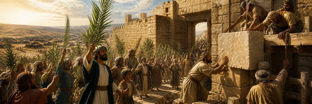 Worshipers wave branches as builders place a once-rejected stone prominently into Jerusalem's gateway