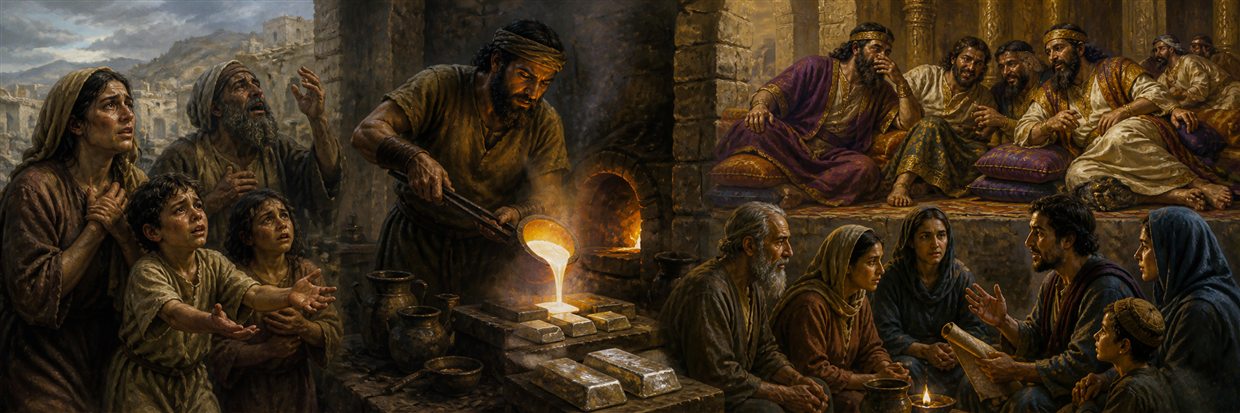 A worker pours refined silver while poor families cry out and courtiers whisper nearby