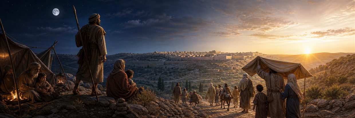 A watchman guards families on a mountain road as night becomes dawn near distant Jerusalem