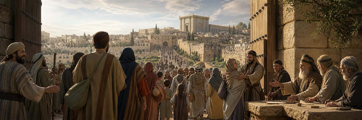 Joyful travelers enter Jerusalem as elders judge fairly at the gate and families greet one another