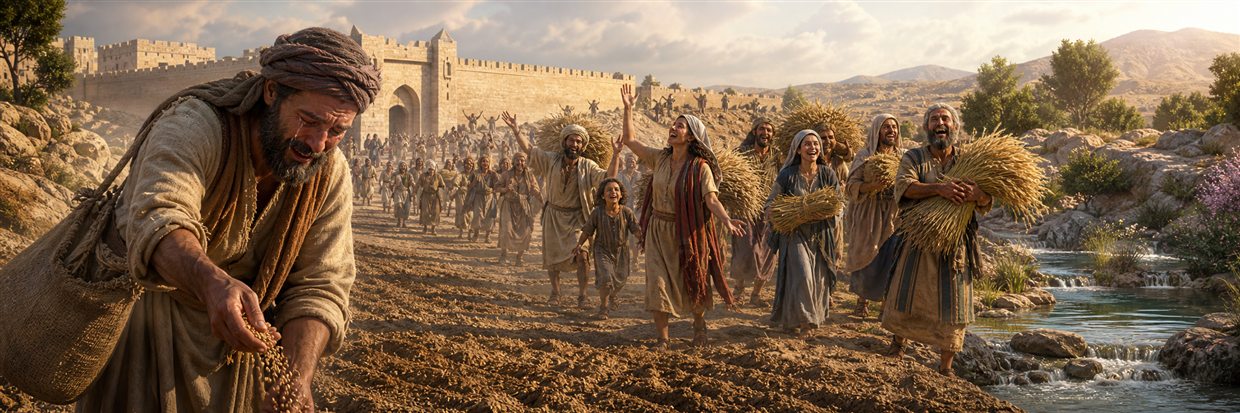 A tearful farmer sows near restored Jerusalem as joyful families return carrying abundant grain
