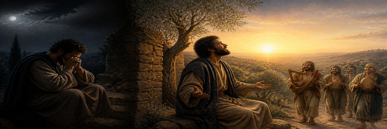 A grieving man turns from moonlit sorrow toward dawn and approaching musicians