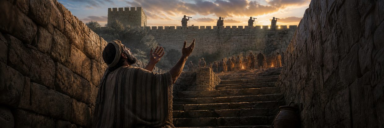 A worshiper prays from deep stone steps while wall watchmen scan the horizon at sunrise
