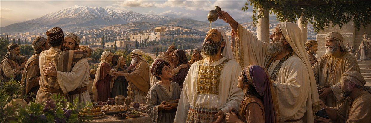 Families embrace at a feast as oil is poured upon a priest before Mount Hermon