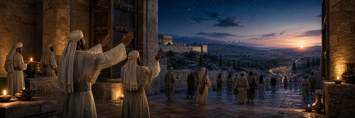 Priests keep watch by lamplight as departing pilgrims cross the courtyard beneath stars and sunrise