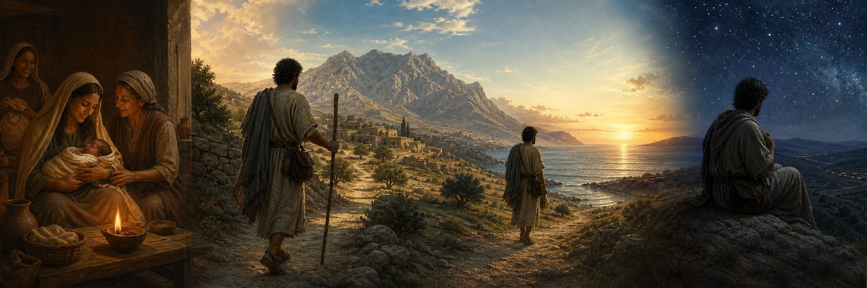 A traveler moves from lamplit birth scene across mountains and sea into starry night
