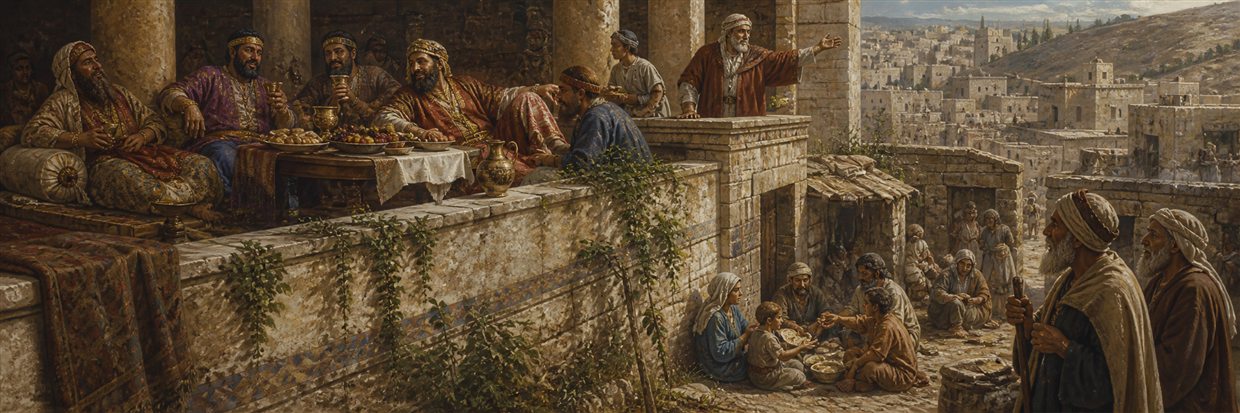 Wealthy diners feast above poor neighbors who share food and shelter