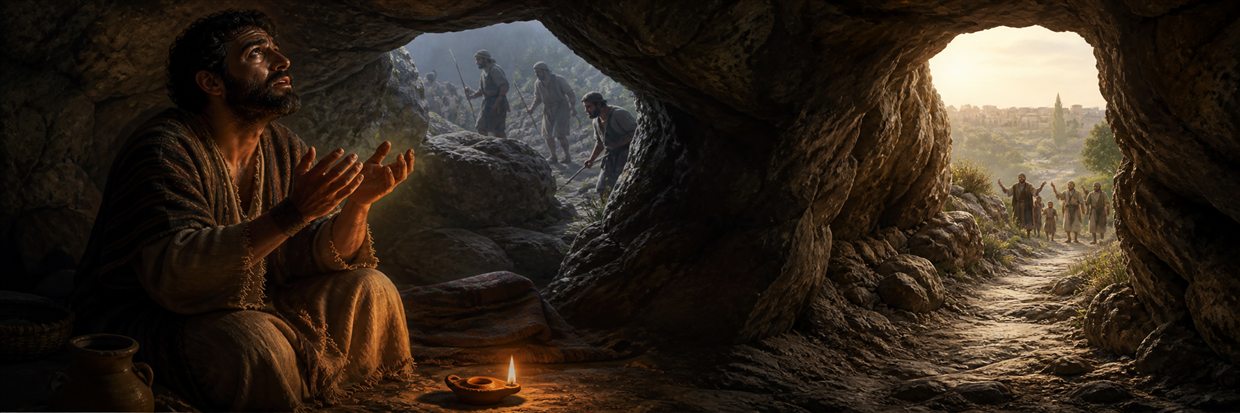 A hunted man prays inside a cave as pursuers pass and friends approach along a sunlit path