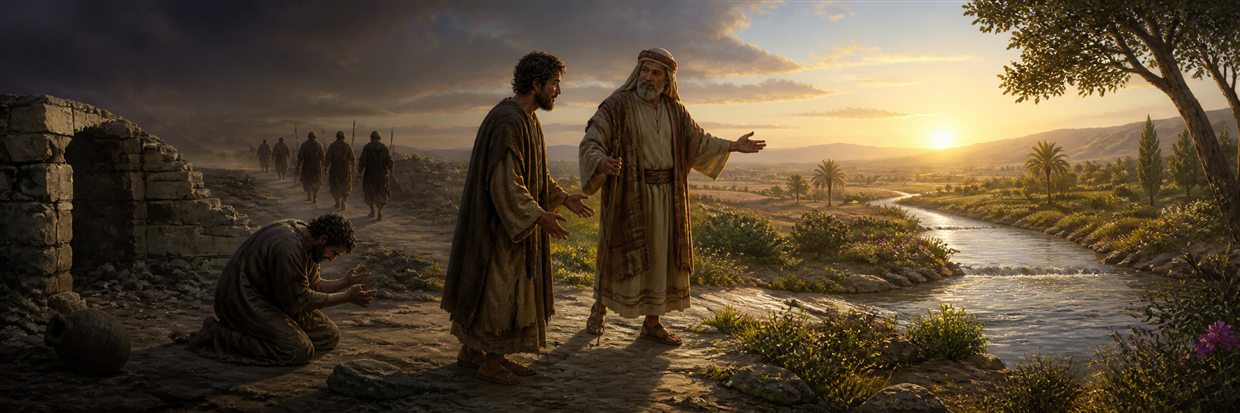 An elder leads a weary petitioner from ruined darkness toward sunrise, water, and a level road