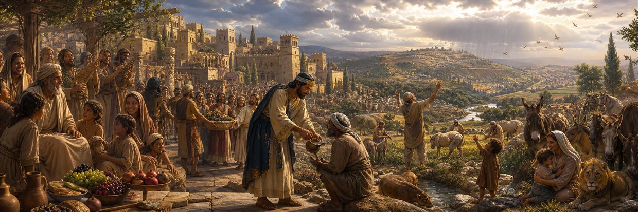 A serving ruler feeds the hungry as families lift the fallen across a flourishing Jerusalem landscape