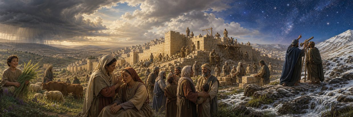 Families rebuild Jerusalem while healers work beneath stars, rain, snow, grazing animals, and melting streams