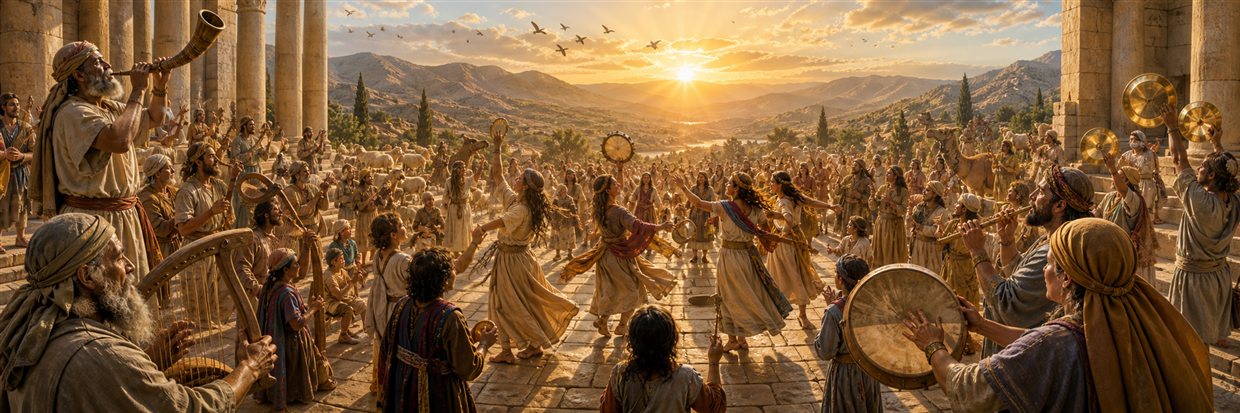 Trumpets, harps, lyres, drums, flutes, cymbals, dancers, families, and animals celebrate at sunrise