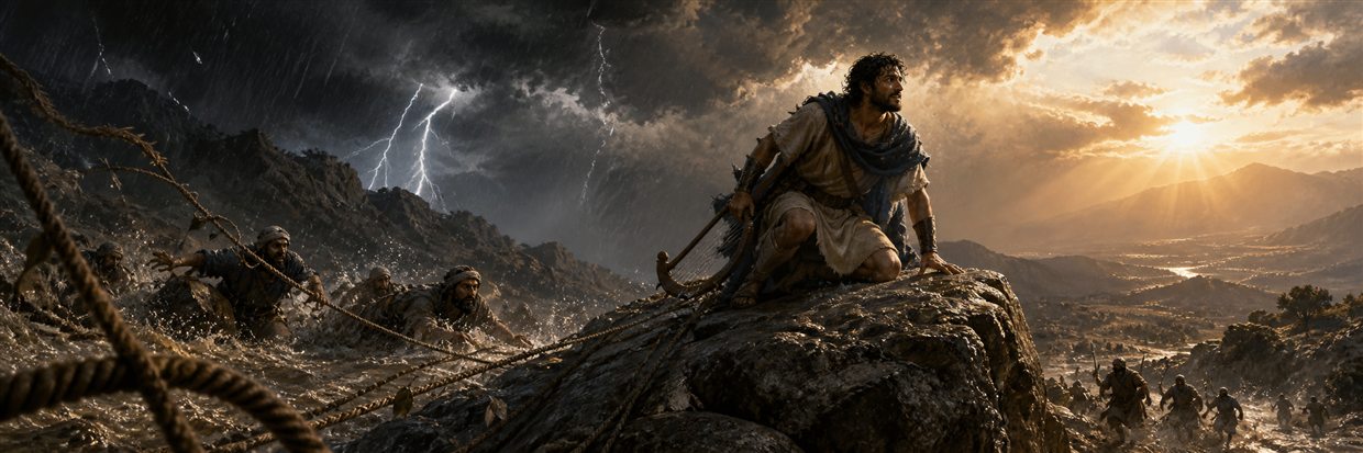 A fleeing warrior climbs from stormy torrents onto a secure rock at dawn