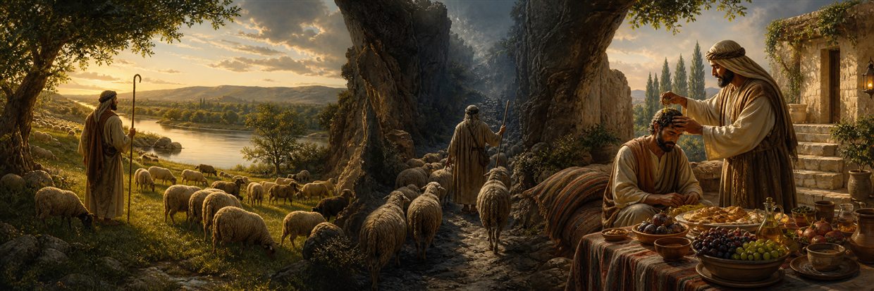 A shepherd leads sheep beside water, through a ravine, and toward an abundant table