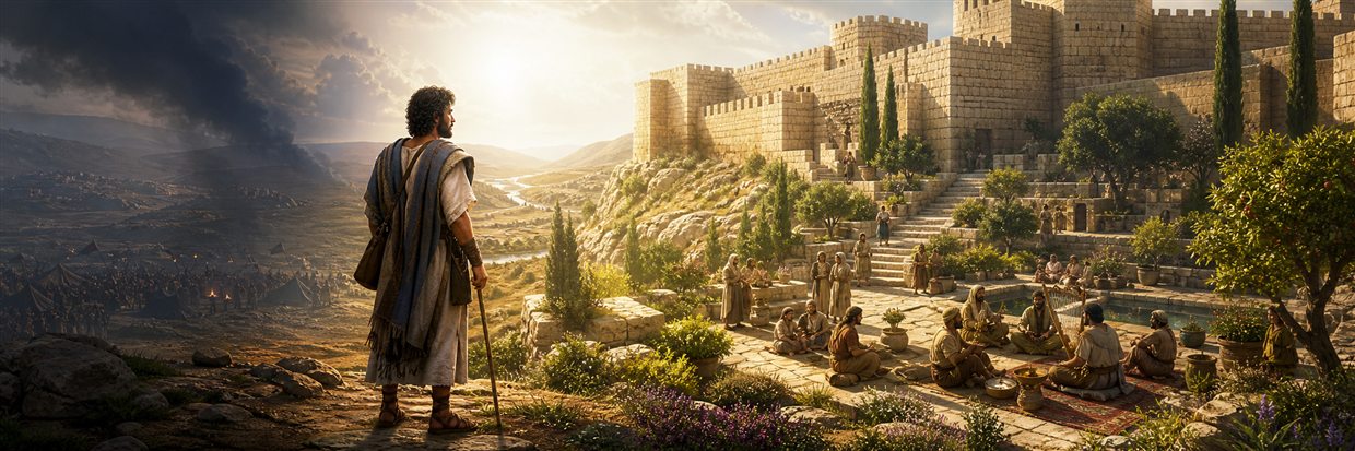 A traveler looks from a dark military camp toward a strong, peaceful sanctuary in sunlight