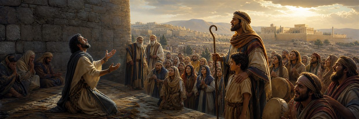 A kneeling psalmist prays by a stone wall as a shepherd leader and musicians gather nearby