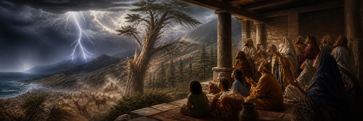 A violent thunderstorm breaks a cedar as worshipers watch safely from a stone sanctuary
