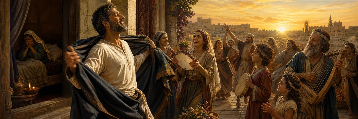 A restored man casts off a mourning garment as family and musicians celebrate at dawn