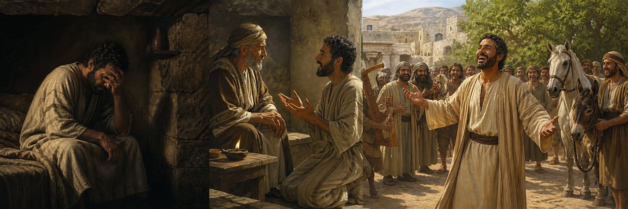 A grieving man confesses to an elder before joining musicians and neighbors in sunlight
