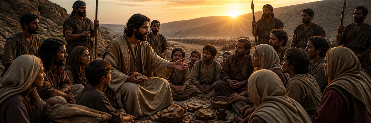 A fugitive gathers poor and fearful people around bread as danger recedes at sunrise