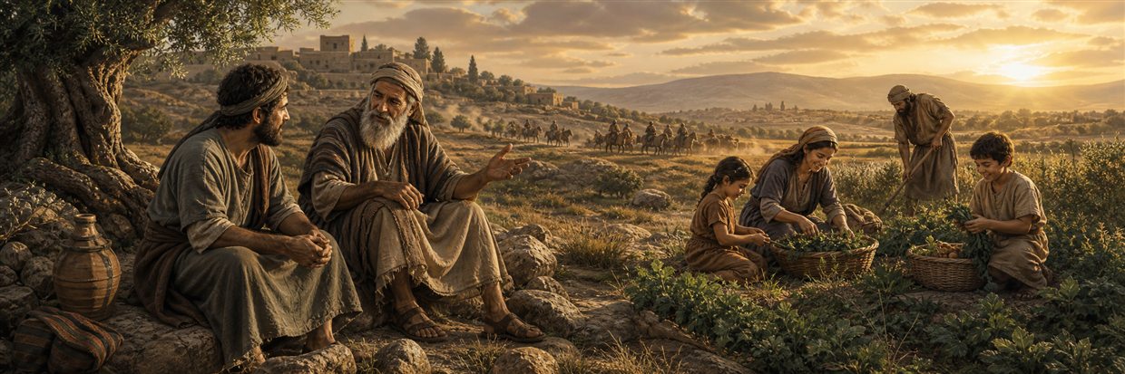 An elder counsels a farmer while a peaceful family works and distant green grass dries