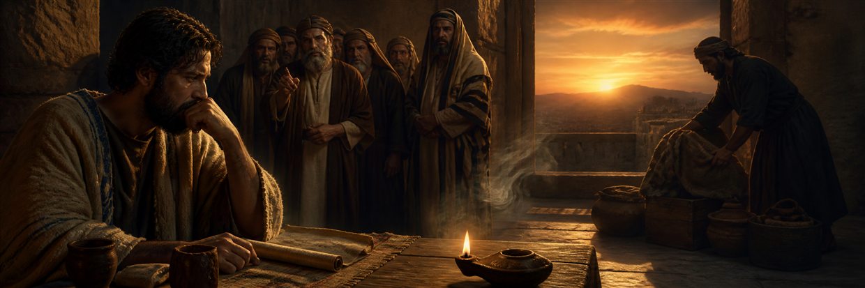 A thoughtful man restrains his words beside a small lamp as another gathers temporary wealth