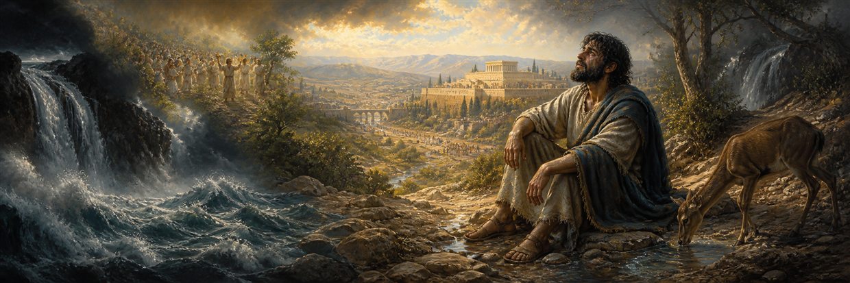 An exile and thirsty deer stand by turbulent water looking toward distant Jerusalem worship